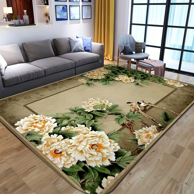 1pc Flower & Bird Retro Living Room Rug, Floral Rug Patterned Non-slip Bedroom Rug, Floor Rug, Floor Mat, Home Decor Furry Mat