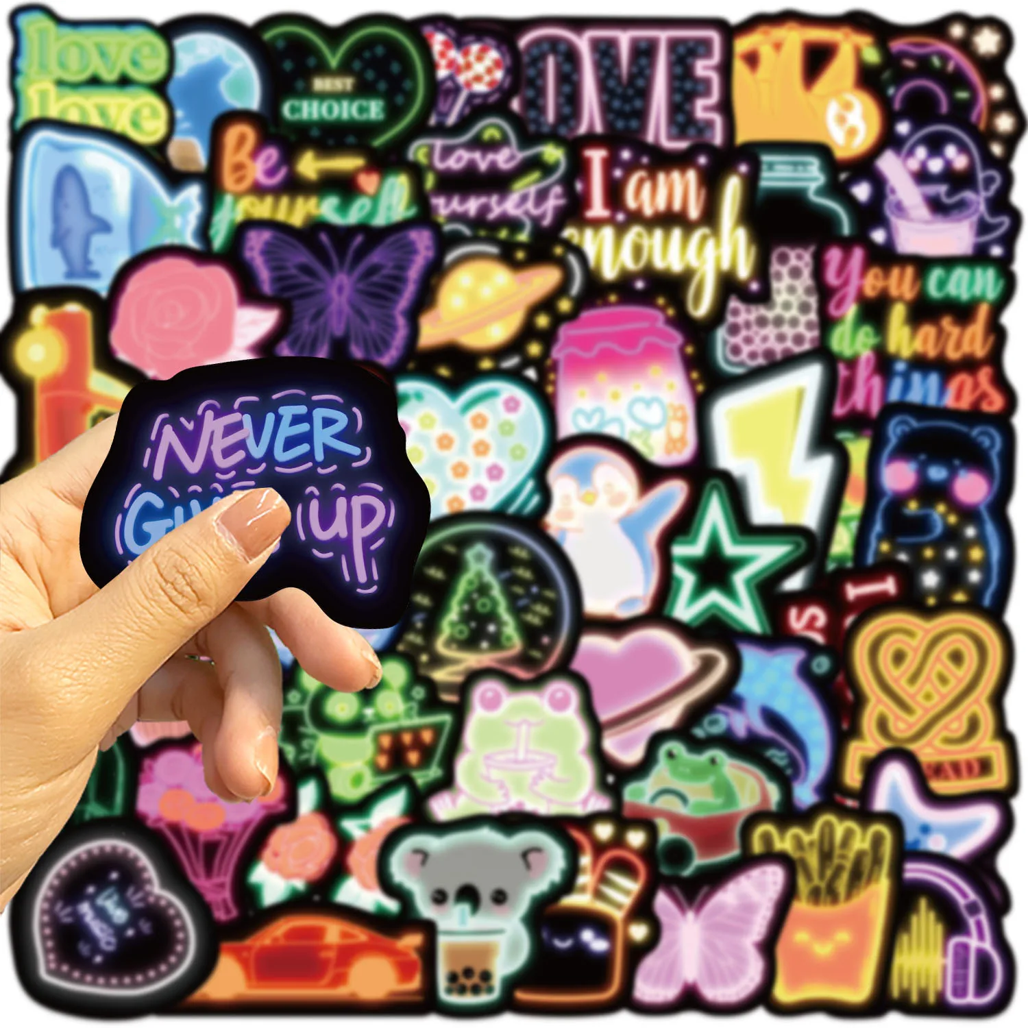 50PCS 만화 귀여운 항목 네온 낙서 스티커 기타 노트북 수하물 DIY 방수 스티커 장식