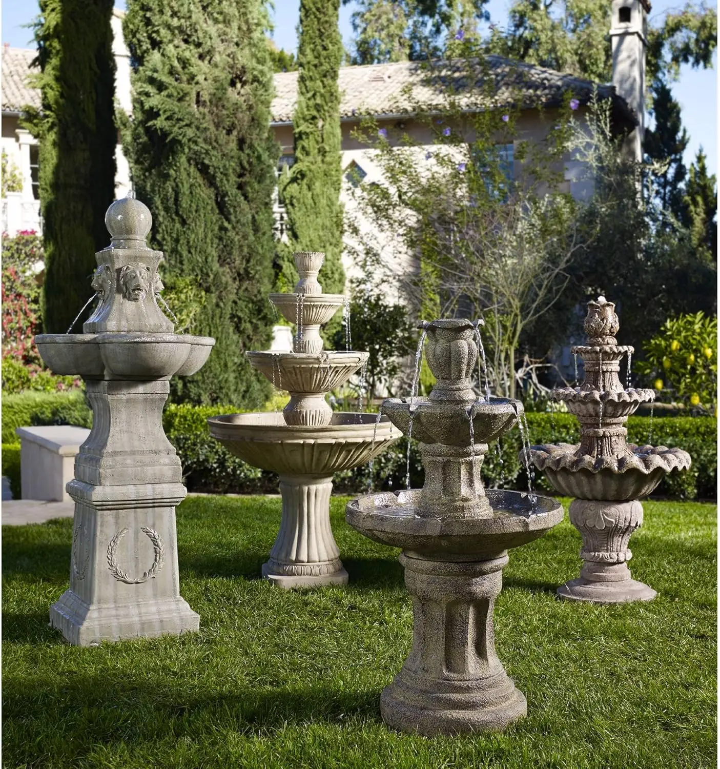 

Tuscan Garden Pedestal Rustic Outdoor Floor Tiered Water Fountain 54" High Bubbler Lion Heads for Garden Patio Backyard Deck