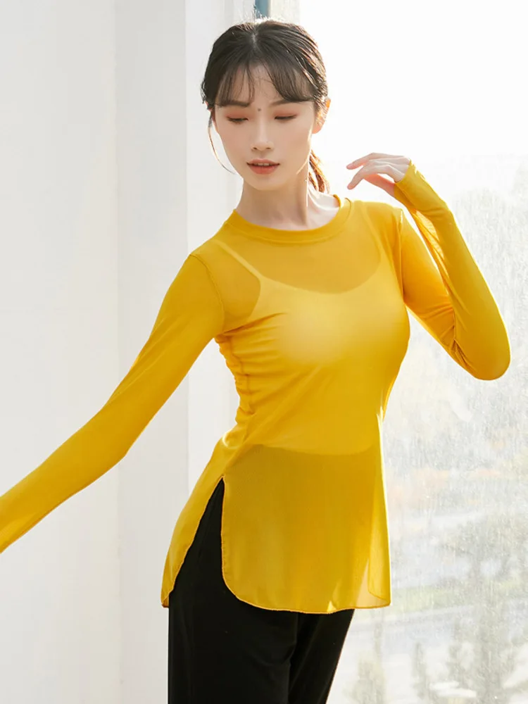 Split Modern Dance Line Costume Gala Tops Woman Party Latin Solid Color Street Pole Clothing Elegant Pretty Women's T-shirt