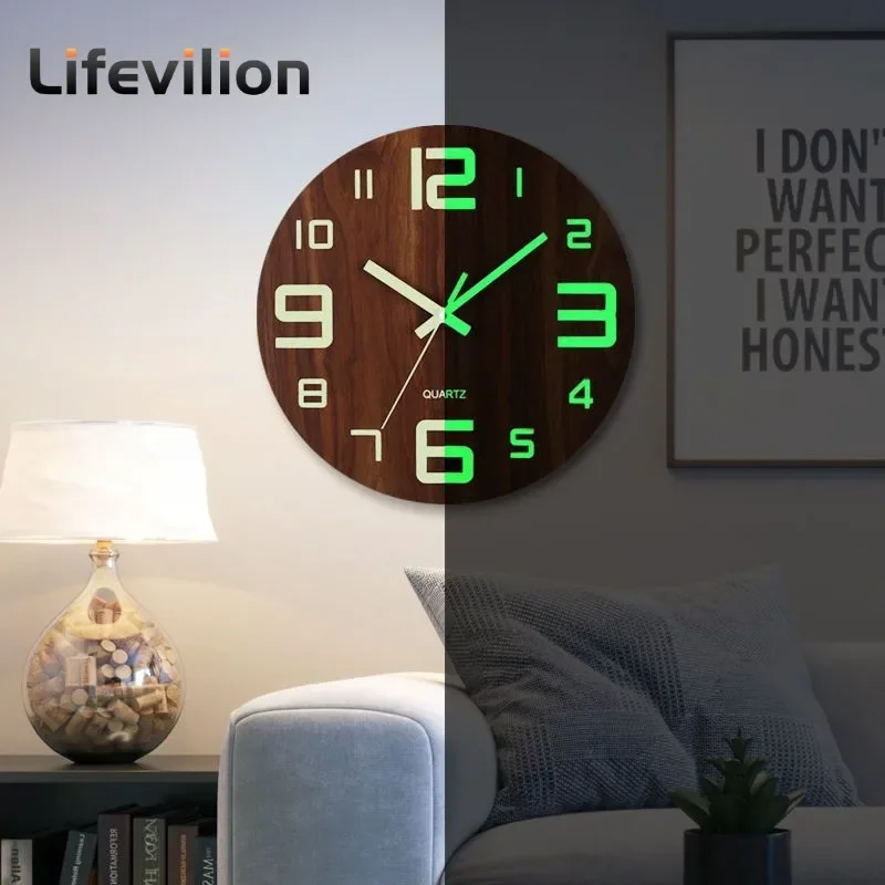 12 Inch Wall Clock Luminous Wood Night Glow Visible Nordic Silent Clock Decoration with Night Light for Bedroom Living Room Home