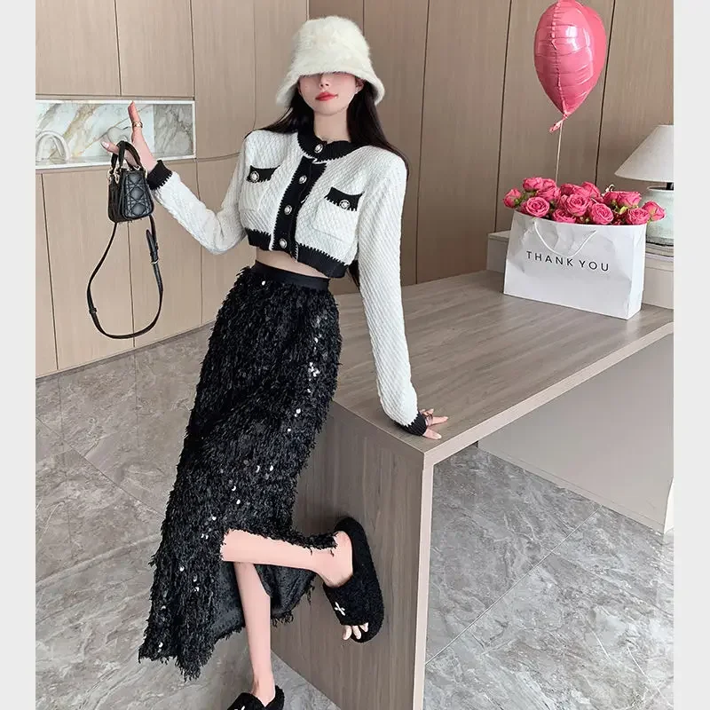 A Line Jupe Heavy Industry Sequin Tassel Feather Skirts Black Vintage Office Lady Women Skirt Faldas Mujer Moda 2025 Long