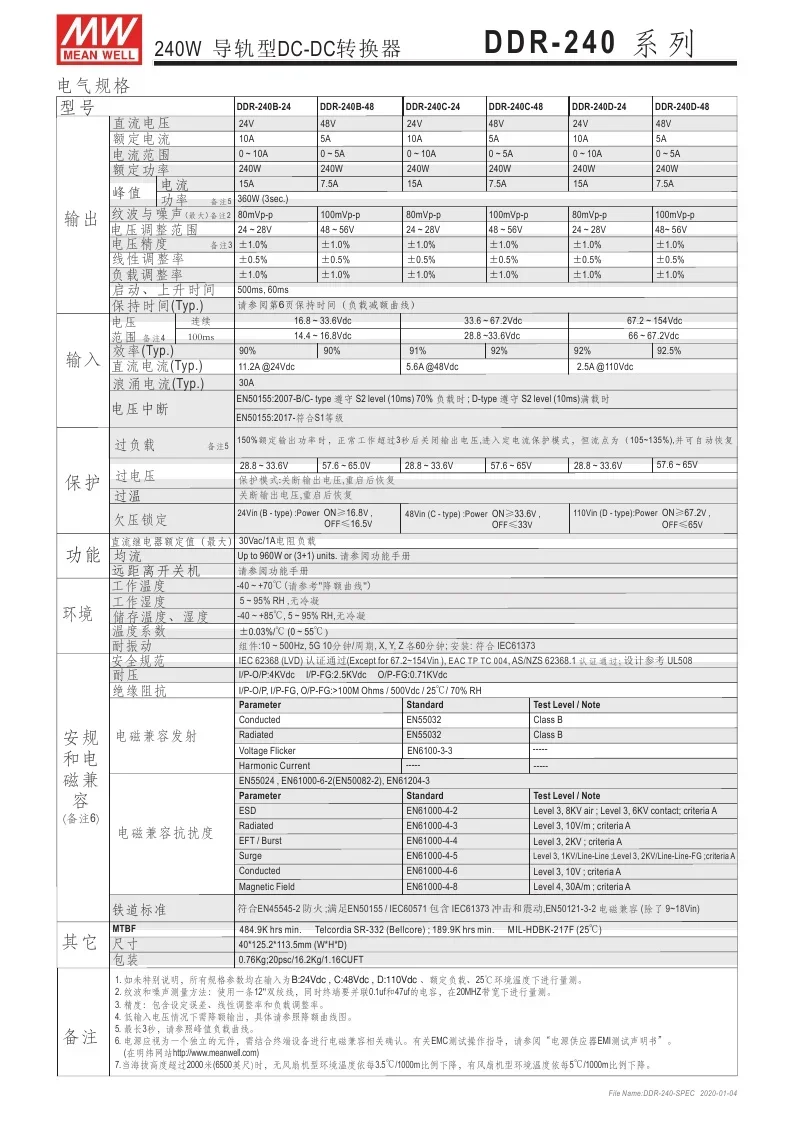 Taiwan Mingwei Power Supply DDR-240C-48 240W 48V Rail Type DC-DC Converter, New Original