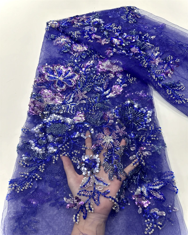 

African Luxury Beaded Tulle Lace Fabric 2025 Nigerian Handmade Heavy Sequins Pearls Lace Fabric Fro Bridal Wedding Dresses