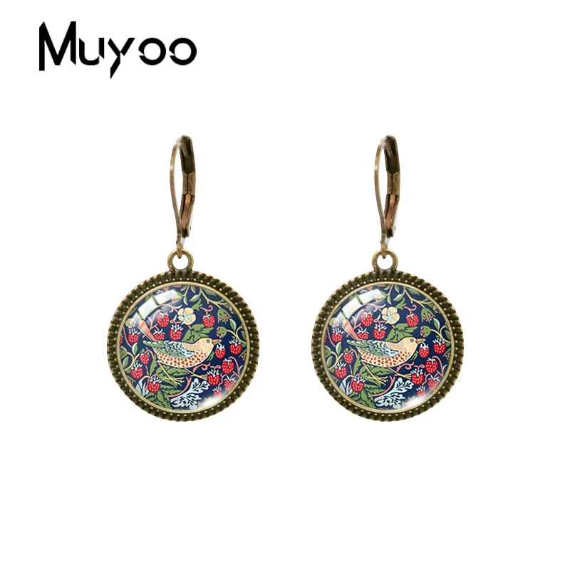 2023 New William Morris Strawberry Thief Dangle Earring Vintage Earrings Art Painting Round Glass Dome Handmade Jewelry