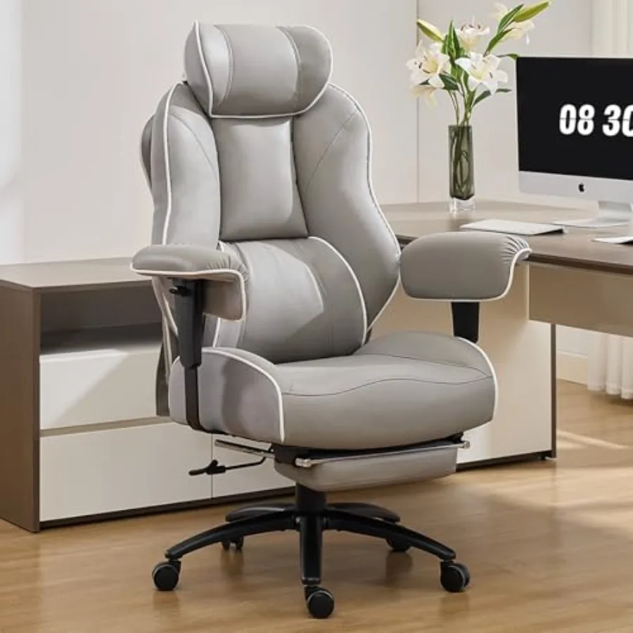 Big and Tall Office Chair with Foot Rest for Executive Use, PU Leather Gray Ergonomic Chair with Lumbar Support and 135 Reclini