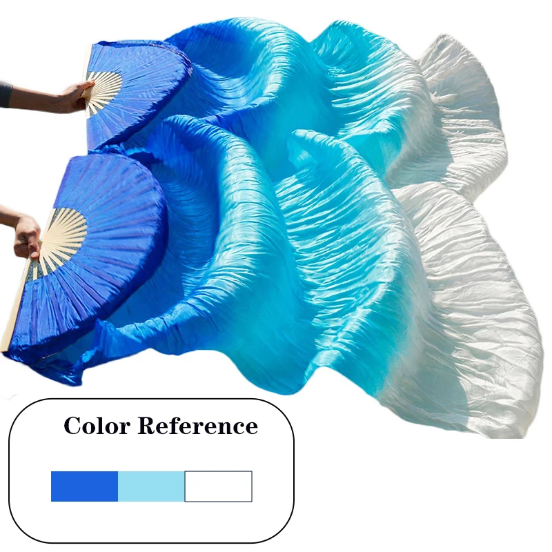 1 peça (1l + 1r) véus de seda real para dança do ventre 100% véu de leque de seda tamanho clássico para meninas adultos marrom começar fluido azul