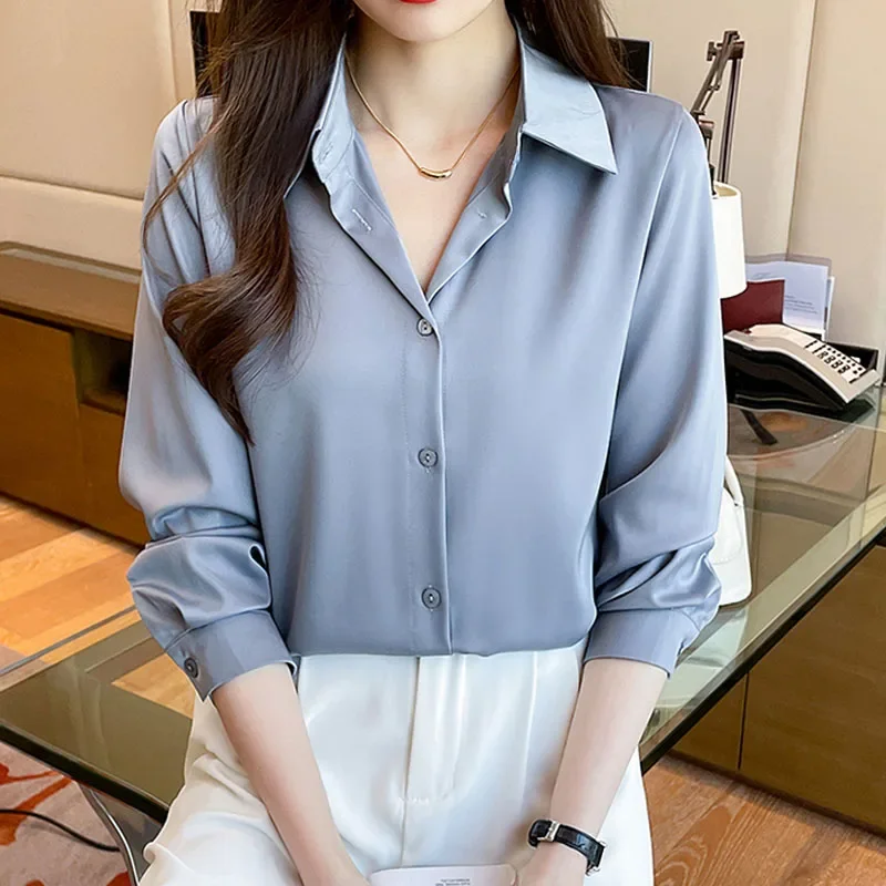 Women Shirt Long Sleeve Solid Color Turn Down Collar Korean Version Available in Multiple Colors Chiffon Shirt Womens Tops C23