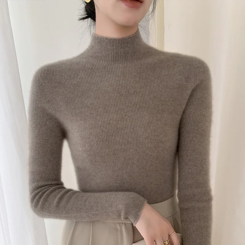 Seamless All-in-one Wool Sweater for Autumn Knitted Inner Top Slim-fit Thickened Half-high Collar Solid Color Base Shirt