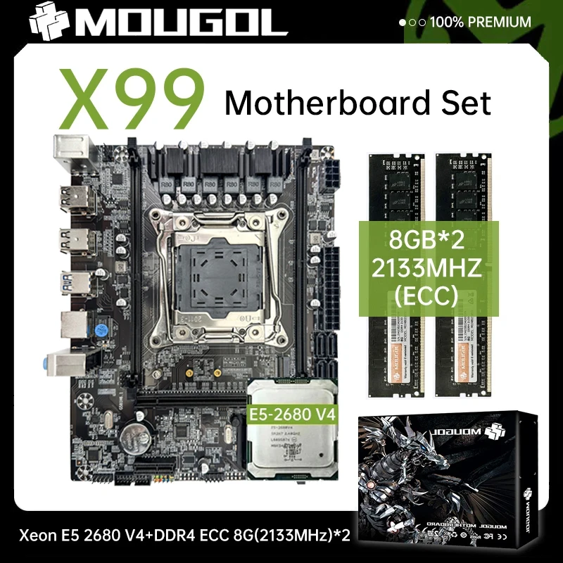 MOUGOL New X99 Gaming Motherboard Set with Intel Xeon E5 2680 V4 & Dual Channel DDR4 8Gx2 2133MHz RAM M.2 NVME for Desktop PC