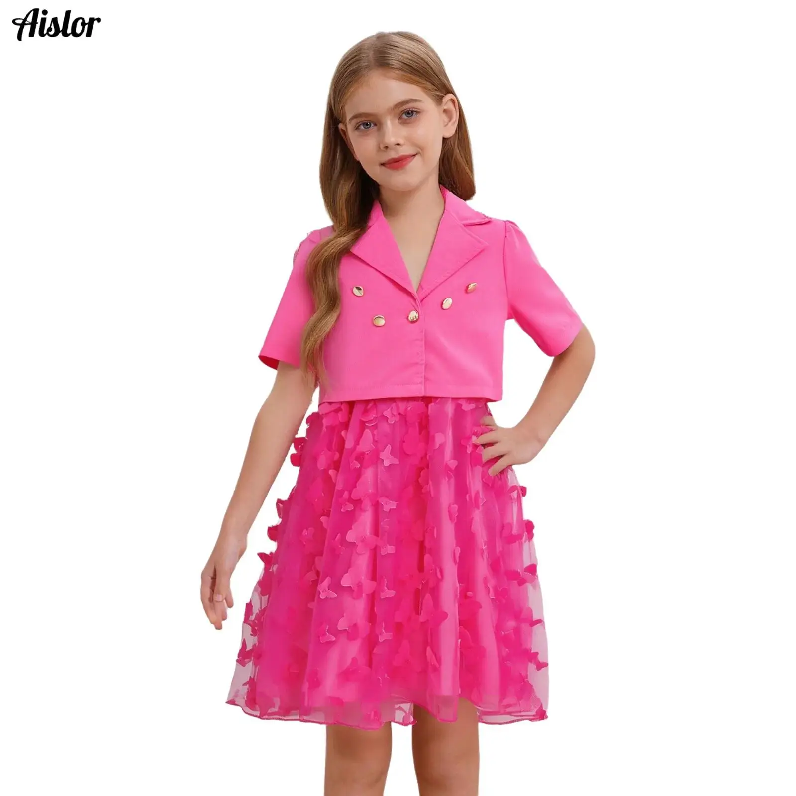 

Kids Girls 2-Piece Outfit Lapel Collar Short Sleeve Blazer Coat with Spaghetti Straps Butterfly Dress for Birthday Weeding Party