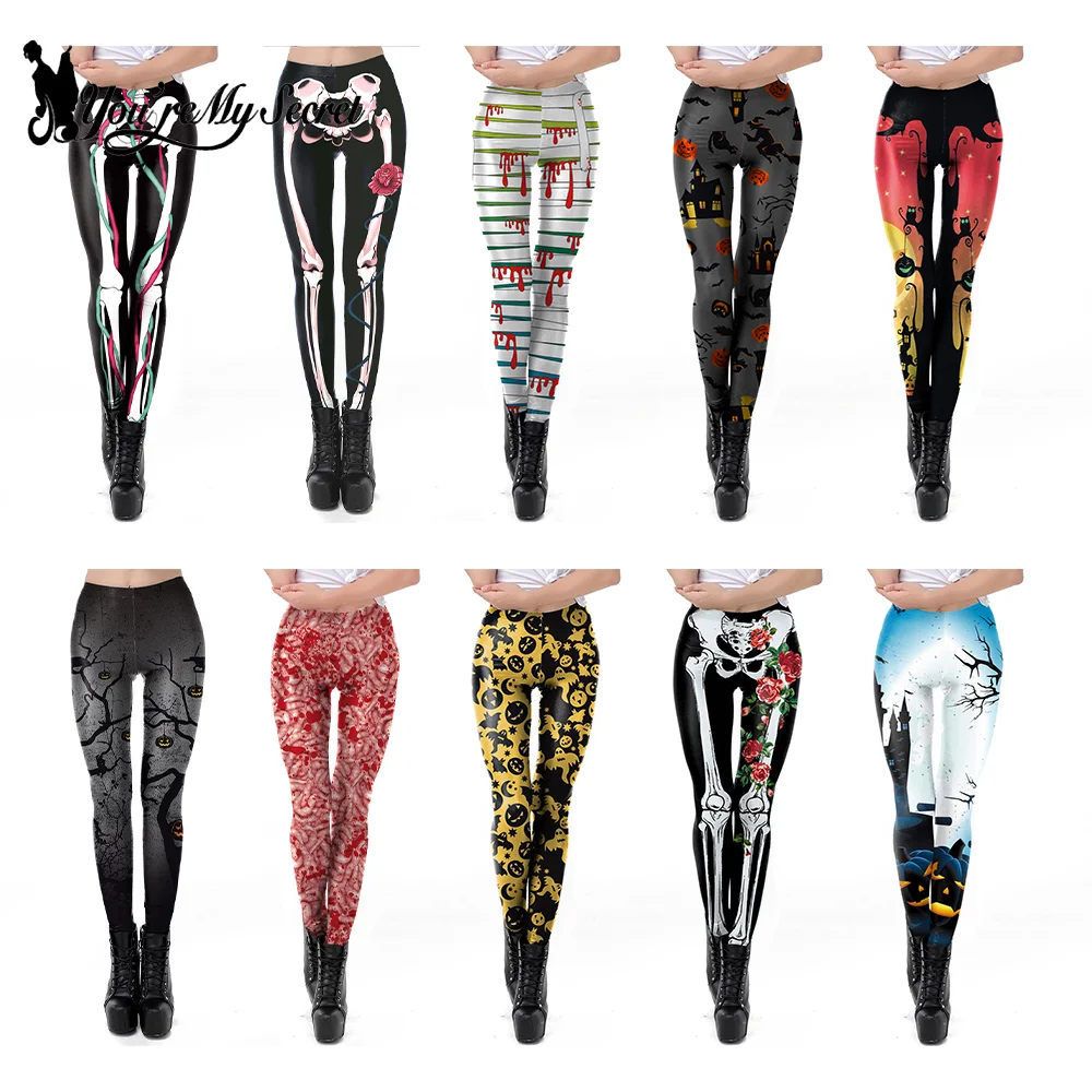 [You\'re My Secret] Halloween Women Leggings Skeletal Pumpkin Push Up Printing Spandex Gym High Waist Strength Party Pants COS