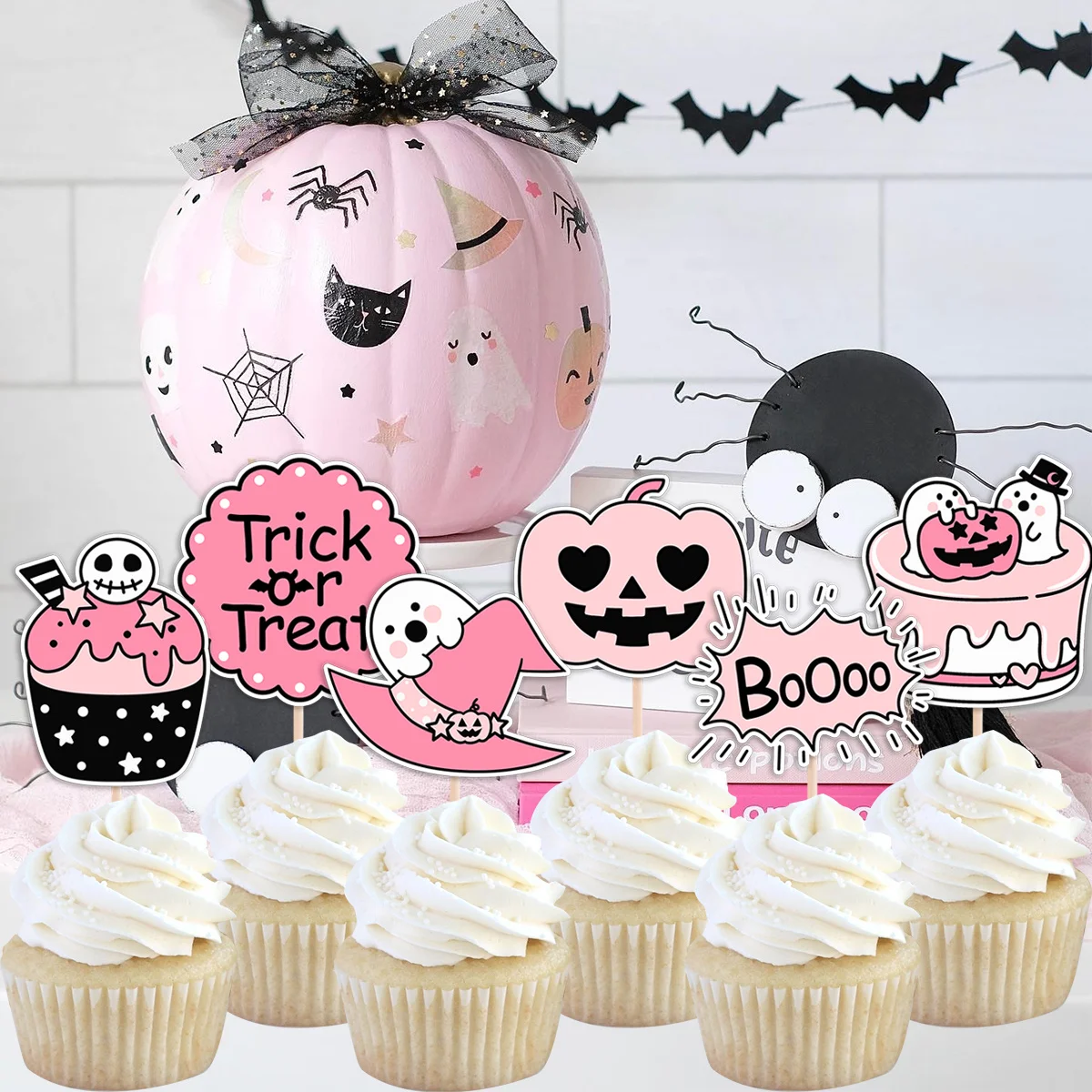 18Pcs Pink Pumpkin Ghost Cupcake Topper Cute Halloween Cake Toppers for Trick Or Treat Party Decoration Home DIY Party Supplies