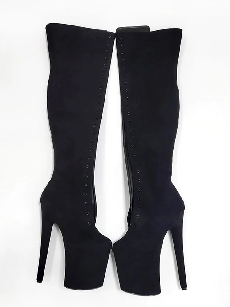 

20cm Exotic Thin Heels Crossdress Black Flock Strip Pole Dance Round Toe Over The Knee Boots Lace Up Women Shoes Gothic Catwalk