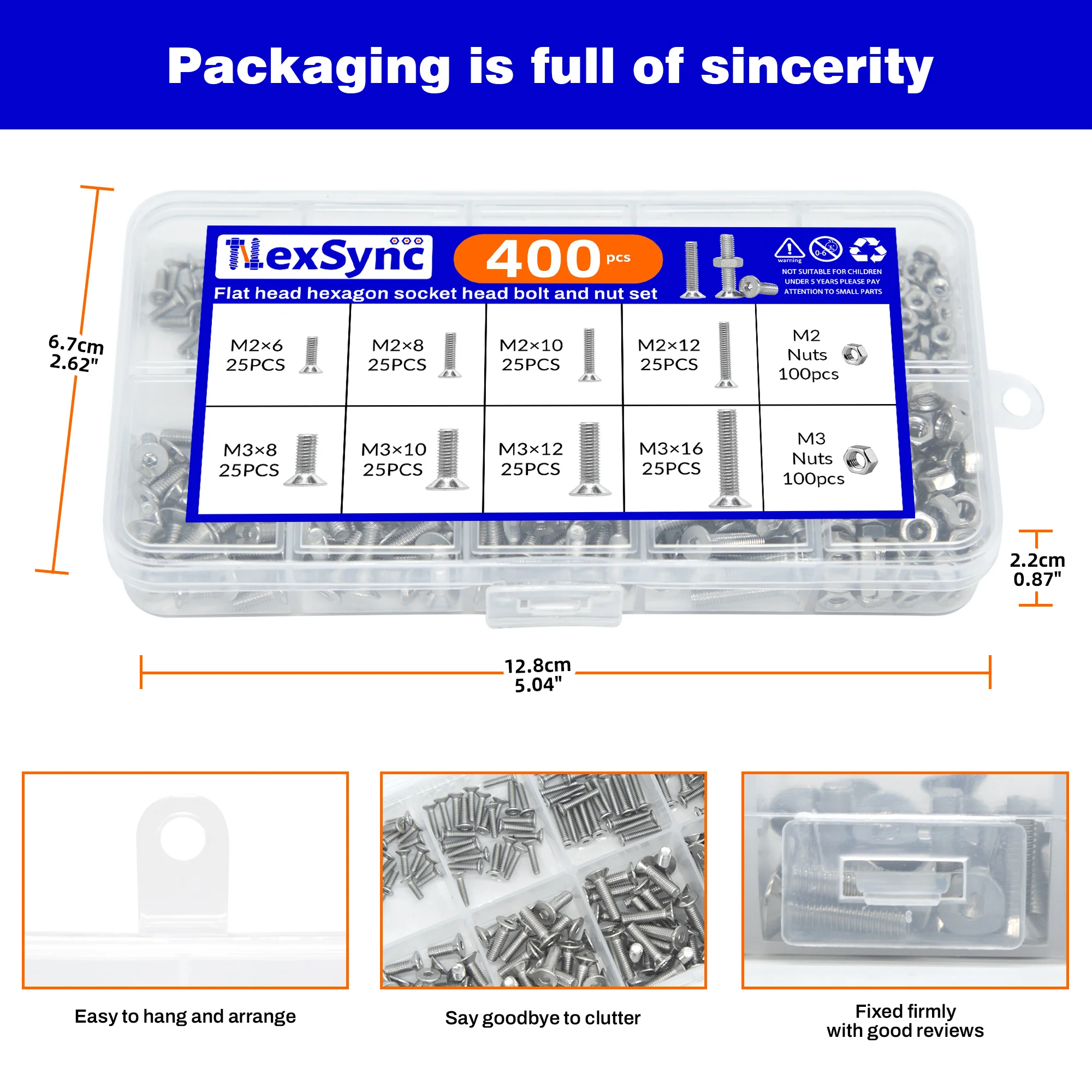 400pcs M2 M3 10 Sizes Allen Hexagon Hex Socket Head Cap Flat Countersunk Screw Bolt Nut Set Mix Kit Box 304 A2 Stainless Steel