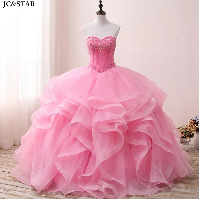 

Customized Pink Fluffy Evening Dresses Sexy Sweetheart Off The Shoulder Organza Layered Crystal Bead Luxury Party Prom Vestidos