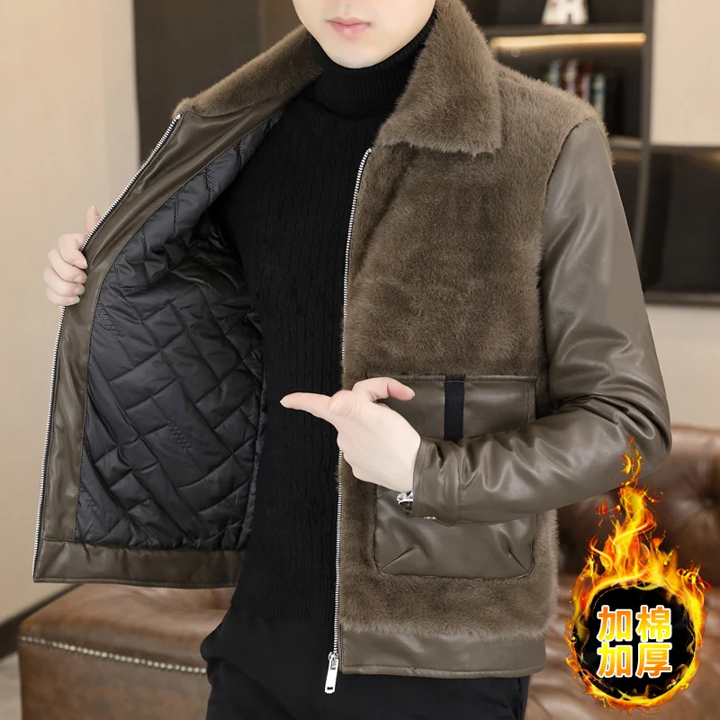 Winter Leather and Fur Integrated Jacket Men Thickened and Warm Faux Fur Jacket Casual Business Social Overcoat Men Clothing