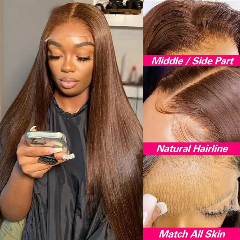 Brown Human Hair Bundles With Closure Straight Frontal 13x4 Lace 100% Real Human Hair Weave Extensions 26 28 30 Inches Color #4