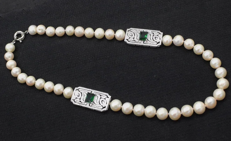 freshwater pearl white round AA 11-12mm and green zircon  necklace wholesale 21inch    nature beads gift