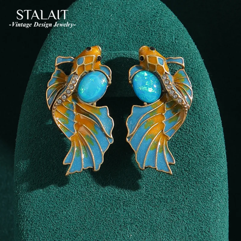

Vintage Enamel Goldfish Blue Natural Stone Stud Earrings for Woman Jewelry Antique Accessories Gold Color Korean Fashion New