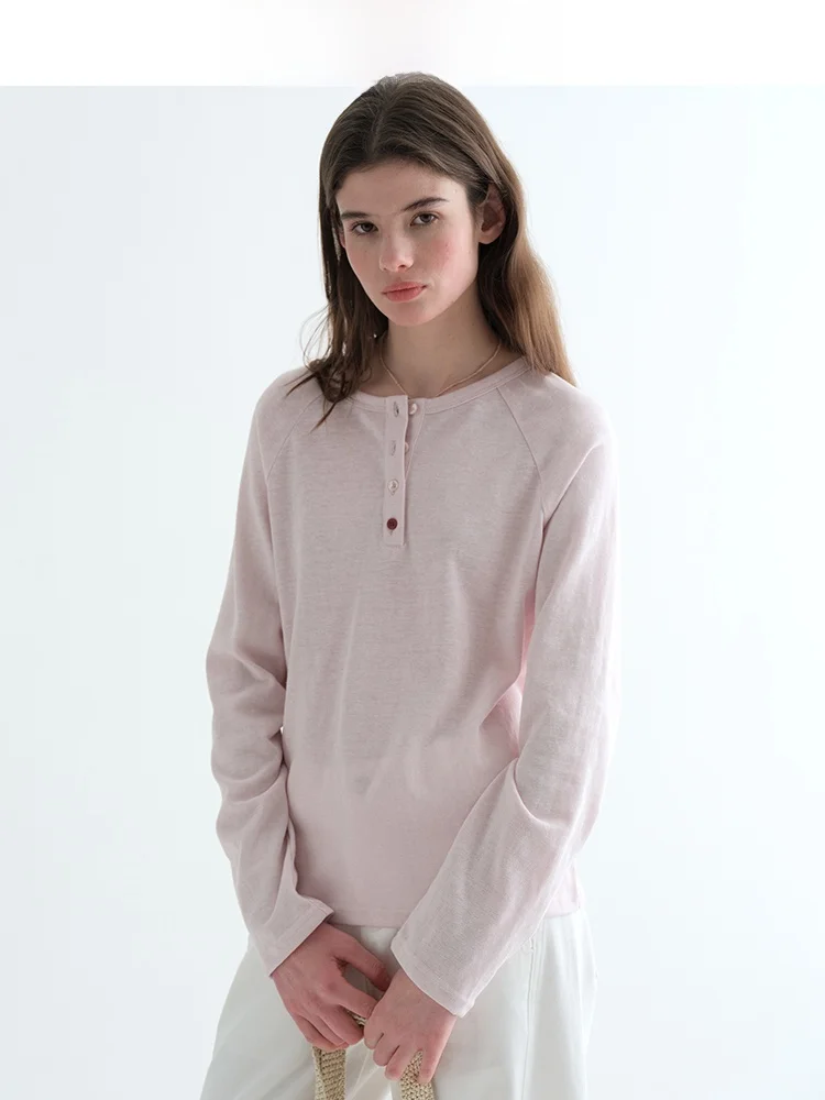 

Свободная повседневная женская футболка с длинным рукавом и воротником хенли, весенний дизайн, дышащая, удобная, хлопковая, базовая, бренд Jiujiu