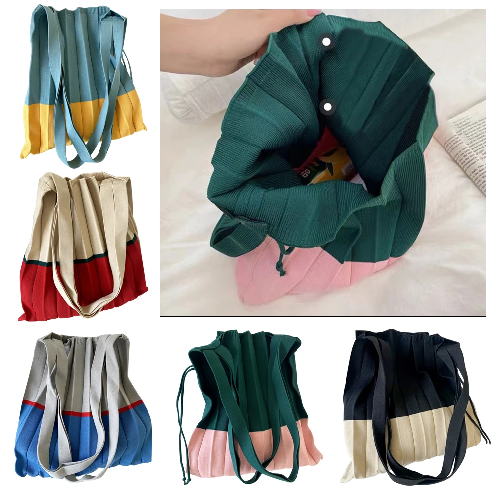 Knitted Retro Foldable Storage Handbag Casual Large Capacity Reusable Eco Folding Shopping Tote Bags For Women Organ Pleats