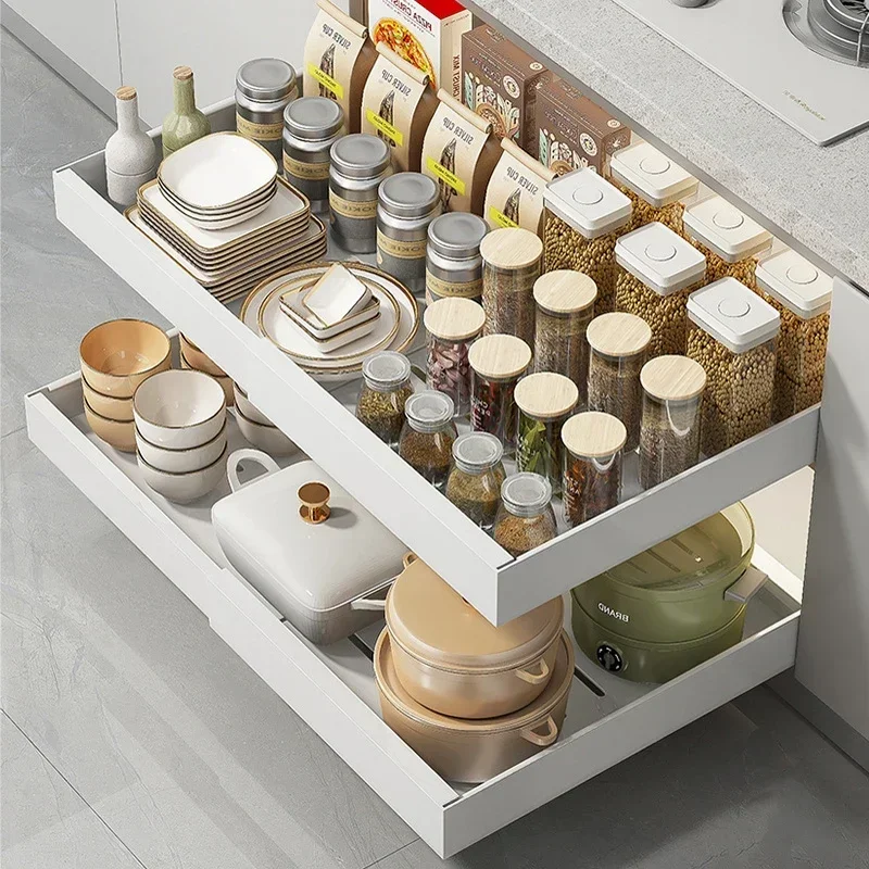 Estante de almacenamiento de cocina escalable, organizador de gabinetes, rieles deslizantes extraíbles, tipo cajonera, bandeja de almacenamiento, caja de especias, estantes de almacenamiento