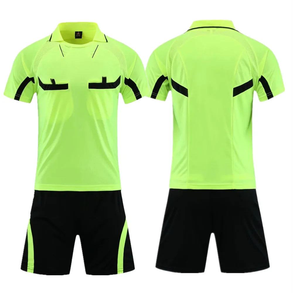 Professional Referee Soccer Jersey Set Adult Football Uniform Turndown Collar Judge Shirt Pockets Shorts Umpire Referee Suit