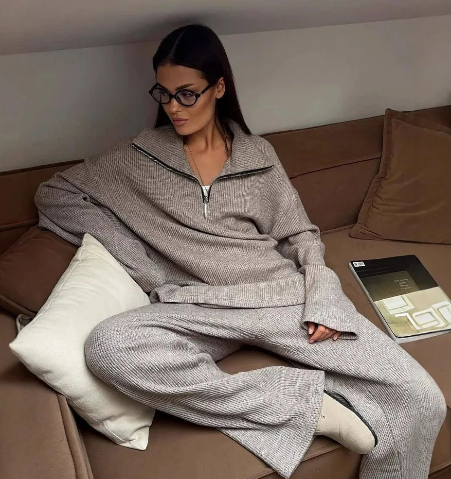 

Autumn Winter Women's Collared Half Zip Knit Sweater Wide Leg Pants Set Oversized Ladies Fashion Pullover Sets
