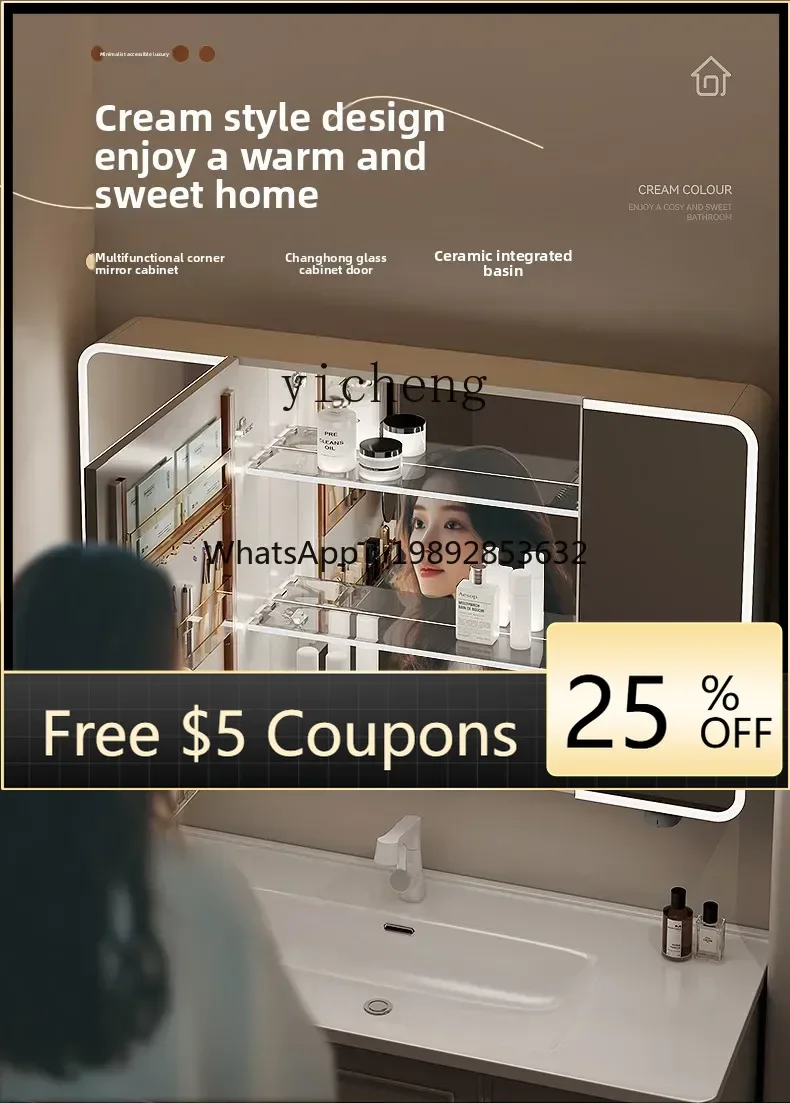 

integrated ceramic basin, bathroom cabinet combination, beauty mirror, bathroom, rounded corner washstand