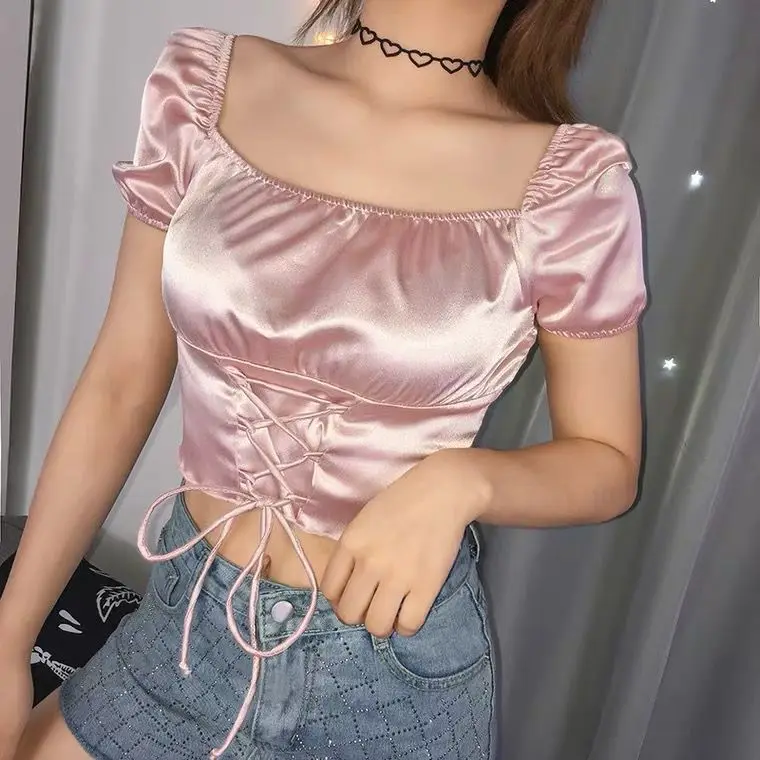 T shirt women 2026 fashion square-neck bright satin waist-cinched and strappy sexy top tshirt women's clothing
