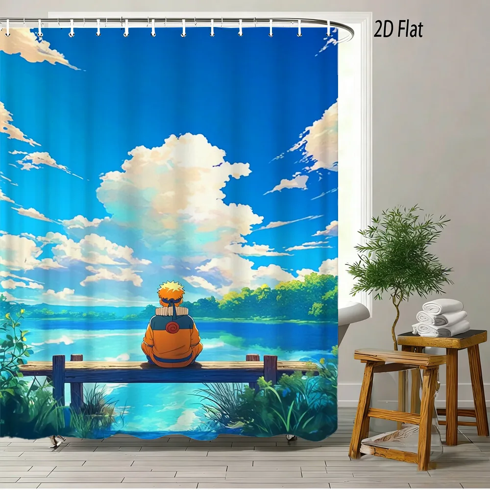2D Flat Naruto Anime Naruto Uzumaki Serene Lake Bench Scenery Print Waterproof Shower Curtain for Bathroom Decor