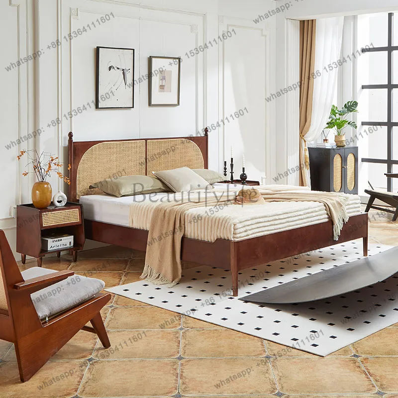 Wabi Sandy Wind Solid Wood Bed Rattan Homestay Hotel Home Bedroom Single Bed