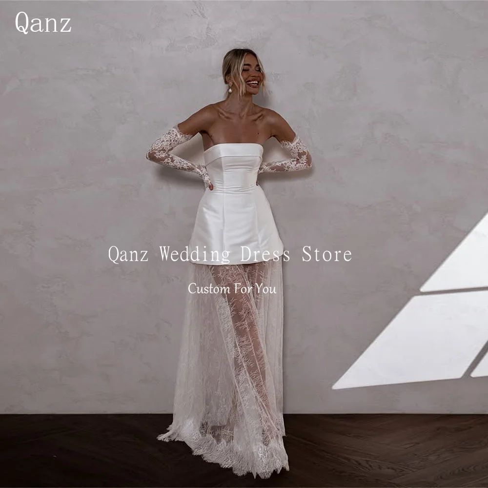 

Qanz Beach White Satin Wedding Dresses Detachable Long Sleeves Lace Illusion Backless Bridal Gowns Vestidos De Novia Customized