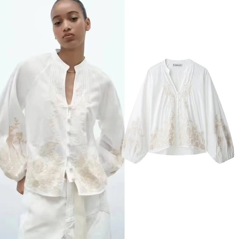 

TRAF Embroidered Flower Shirt V Neck Women's Shirts With Button Summer Casual Loose Top Female Shirts & Blousers