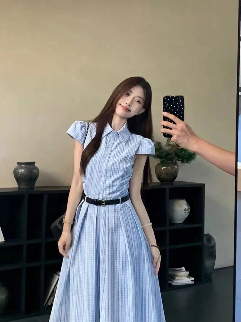 Abito da donna a righe blu manica corta con lacci volant streetwear Boho vacanza ufficio abiti da donna abiti estivi Vestido Wh39