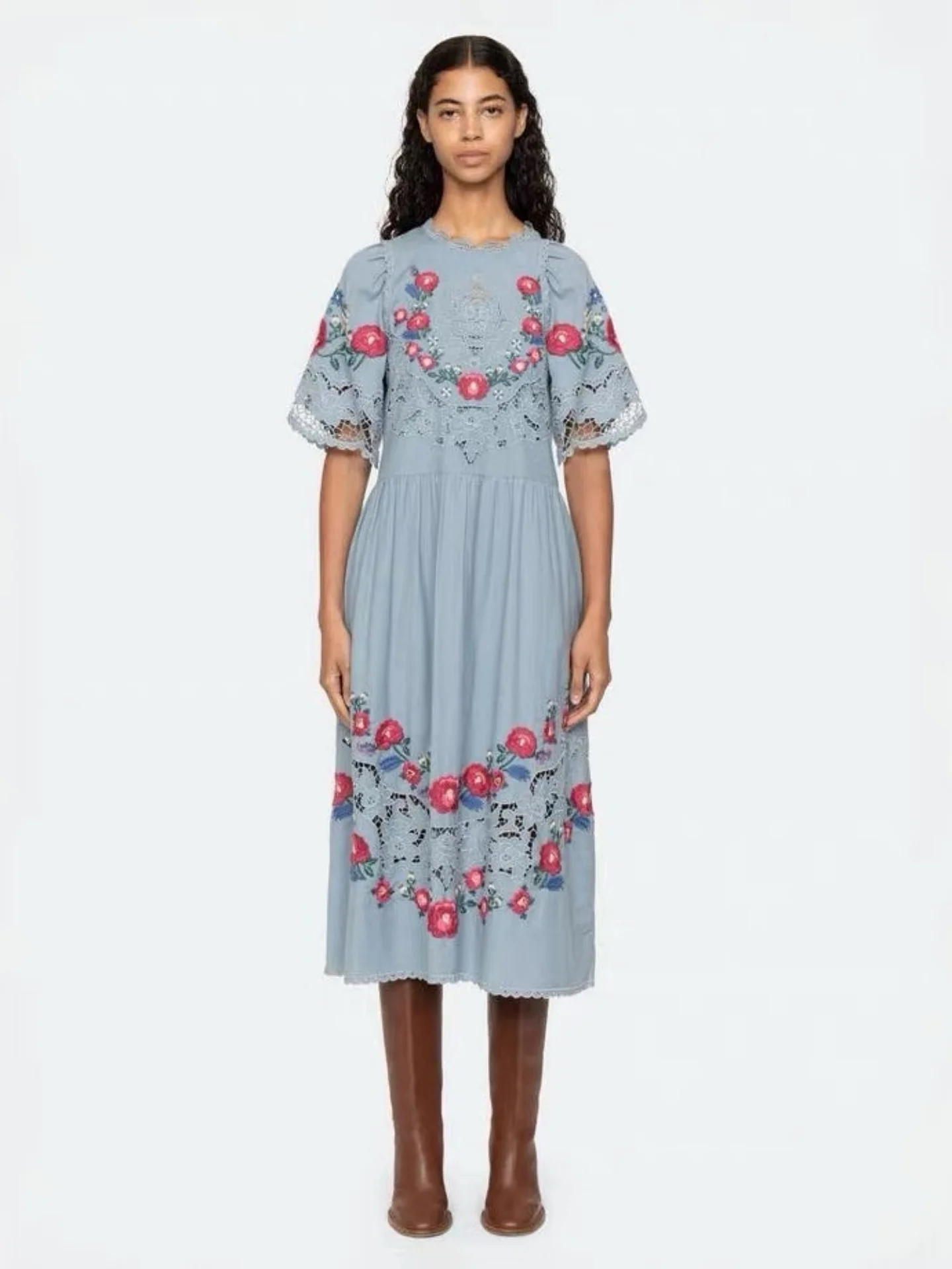 

Elegant Embroidered Heavy Work Floral Short Sleeve Long Dress Hollow out Court Style Dress for Women Comfortable Soft Fabric
