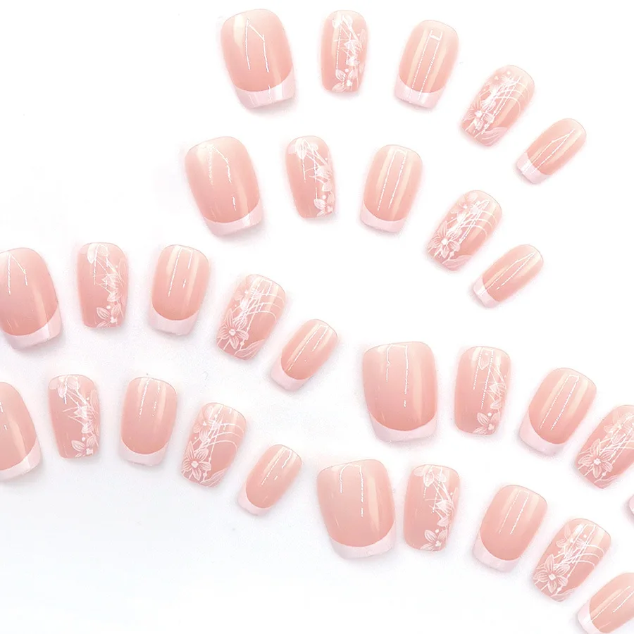 24Pcs Small Flower French False Nails Gradient Color Square Press on Nails Set Glossy Full Cover Fake Nails With Glue Stick