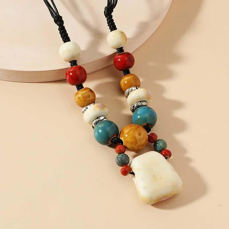 Retro Ethnic Style Everything Sweater Chain Ceramic Bohemian Necklace Women Accessories Pendant Hanging Ornaments