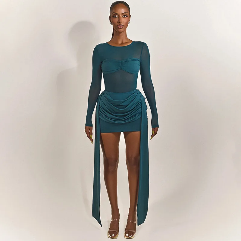 STIJLVOLLE DAME Mesh Patchwork Jurk met Lint 2025, Herfst Vrouwen Lange Mouw O Hals Zien Door Gedrapeerde Sexy Club Party Mini Jurk