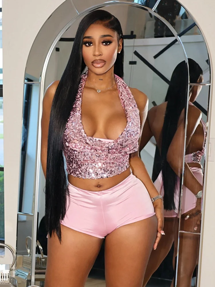 

Костюм Sister Star, оптовая продажа, модный сексуальный распашной воротник с блестками, топ с бретельками на шее, узкие шорты, вечерние костюмы для ночного клуба, комплект из двух предметов