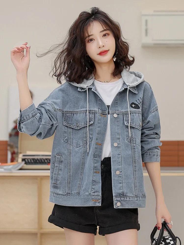 Removable Hat Embroidered Hooded Denim Jacket Women's Spring Autumn Versatile Long Sleeve Top Baseball Uniform Casual Style