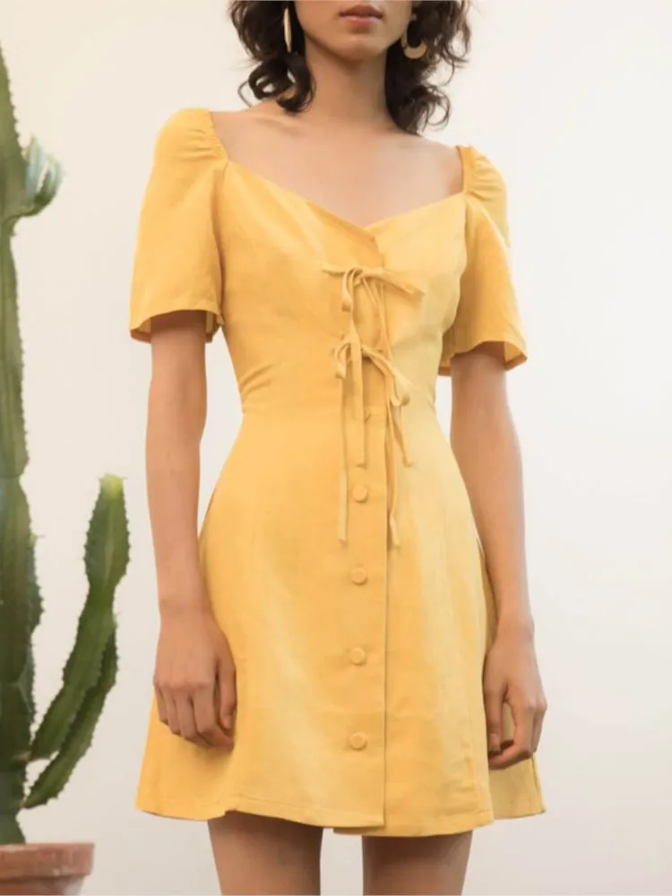 Bella Philosophy Summer New Retro Buttons Yellow Cotton Linen Holiday Beach Dress Square Collar Vestidos Vintage mini Dress