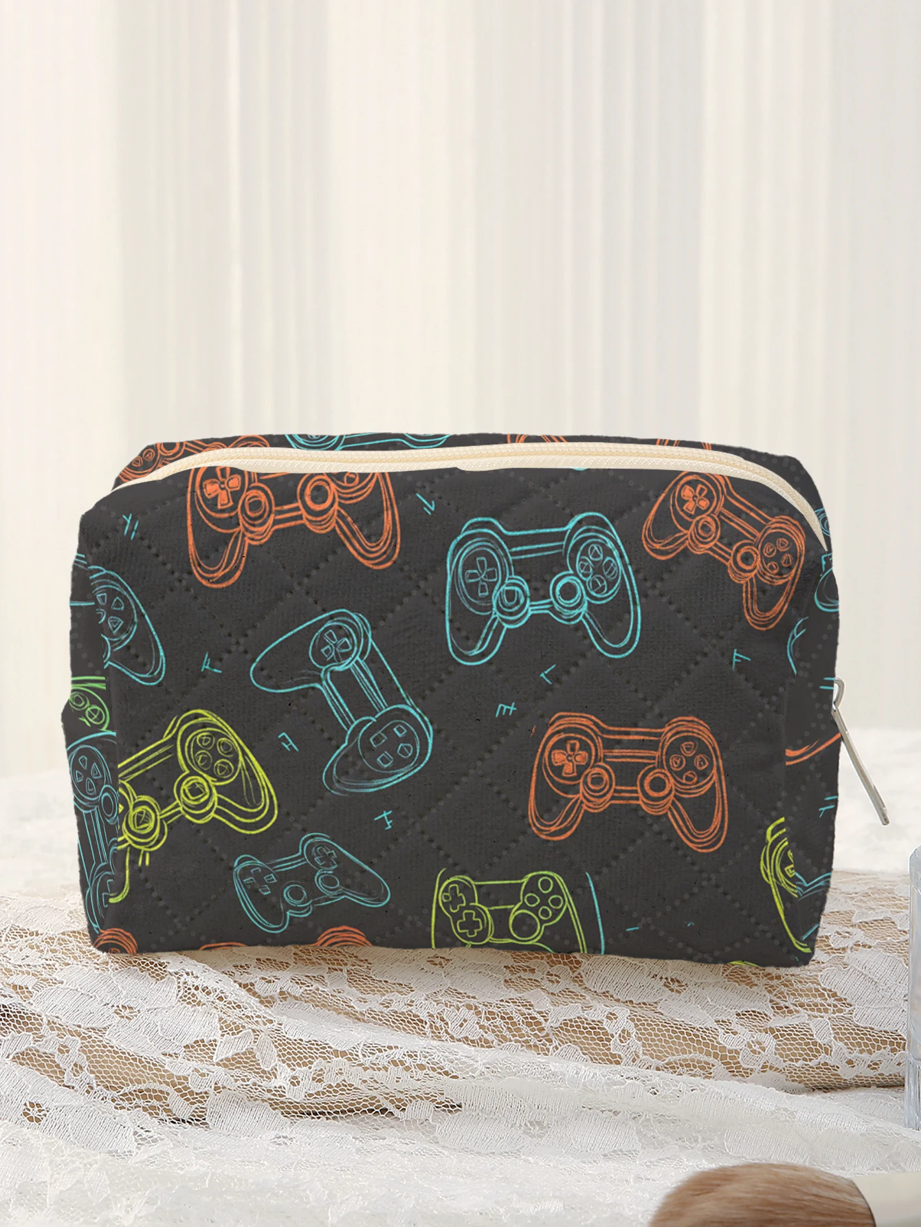 Large Quilted Cosmetic Bag Neon Sketch Game Controller Print Zipper Makeup Bag Boys Gamer Daily Travel Storage Pouch