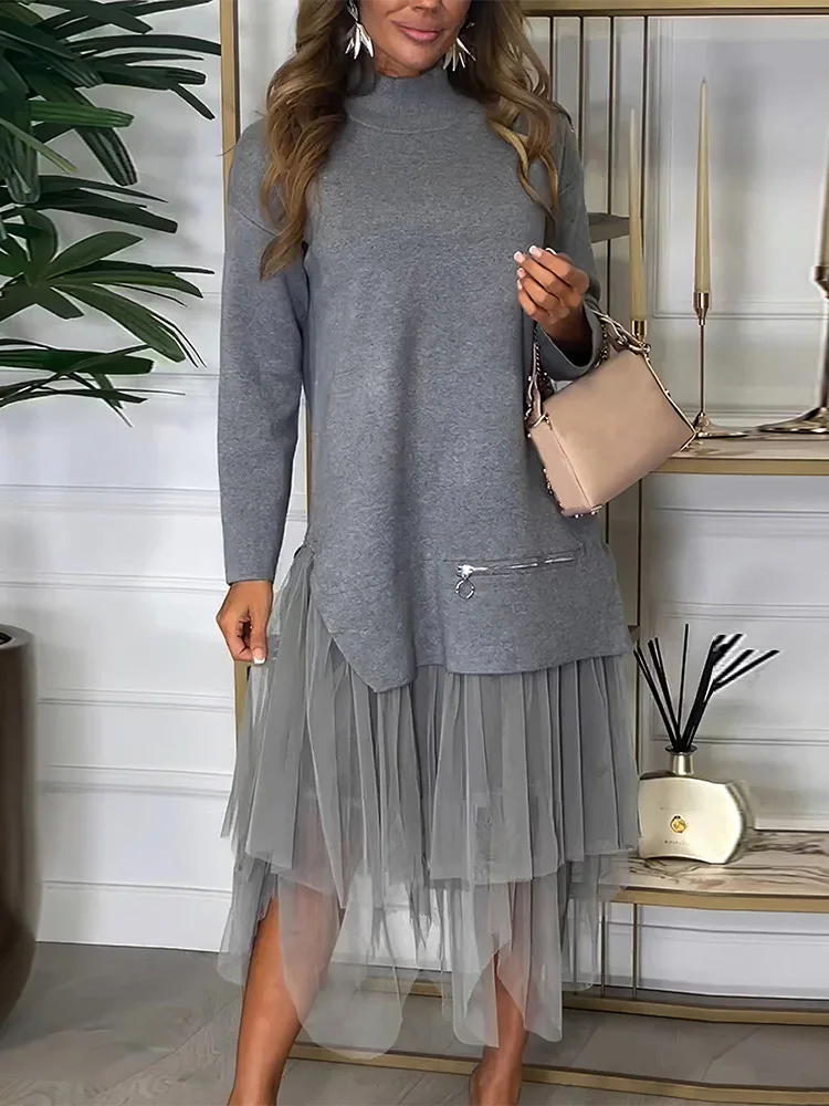 Drauuing Long Sleeve Knitted Spliced Gauze Dress Loose Women Causal Mesh Street Wear Dress Female Solid Mid-Calf Dress Vestidos