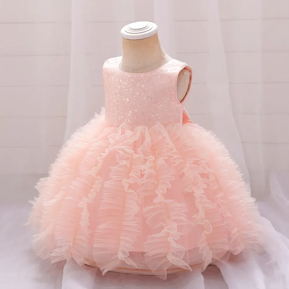 

Baby Girls 1st Birthday Party Dresses Puffy Tulle Sequin Baptism Kids Evening Dress for Girl Pink Princess Wedding Gala Costumes