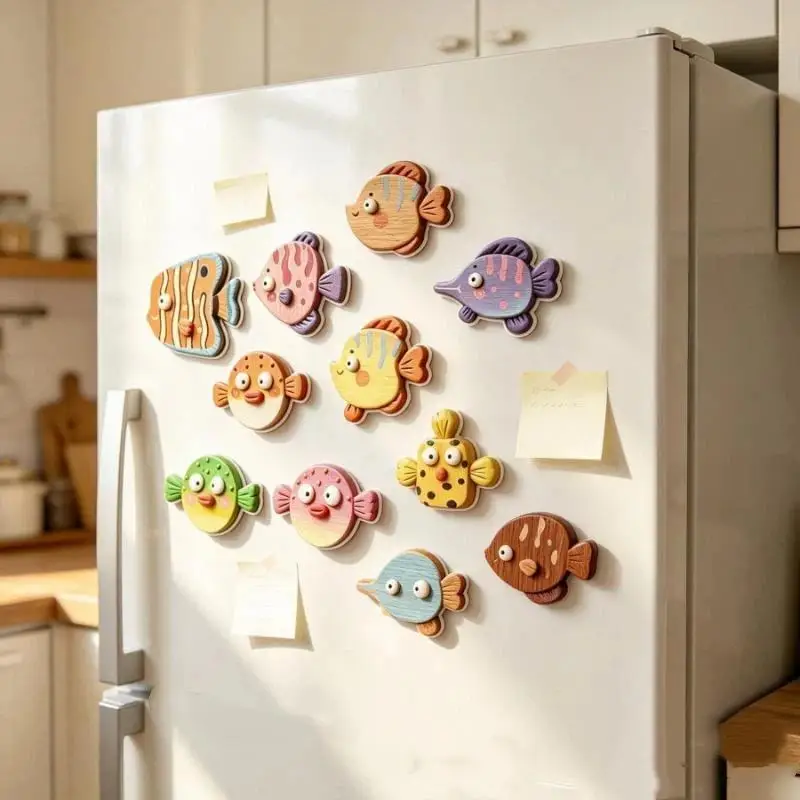 1/5Pcs Creative Refrigerator Stickers Cute Cartoon Wooden Sea Fish Magnet For Home Decorations