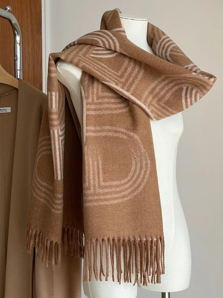 2025年新作 両面カラーブロック レトロ幾何学模様 ウールスカーフ レディースショール 秋冬 ネックウォーマー 韓国風スカーフ