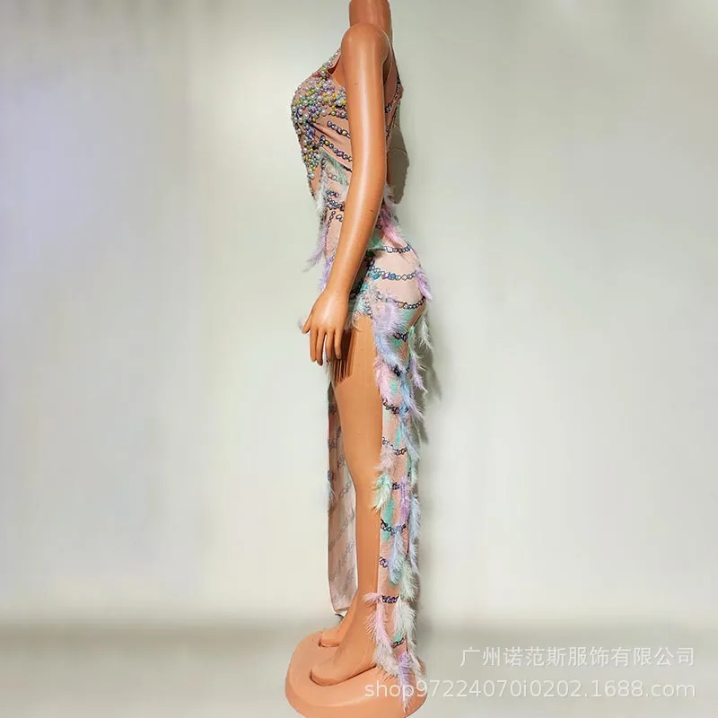Shining Diamond Feather High Split Dress Ballroom Dance Talent Show Stage Dress Model Walk Show Damen Kleider Abendkleid Elegant