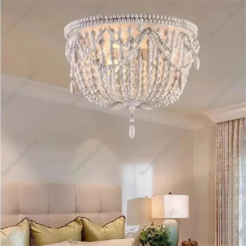 Vintage Rustic Wood Bead Chandelier Led Round Dining Lamp Boho Home Decoration Beaded Light Bedroom Farmhouse Ceiling Lights